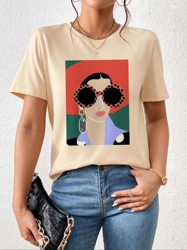 Women's Letter & Girl Print Round Neck Tee, Vintage Trendy Casual Short Sleeve T-shirt for Daily Wear, Ladies Summer...