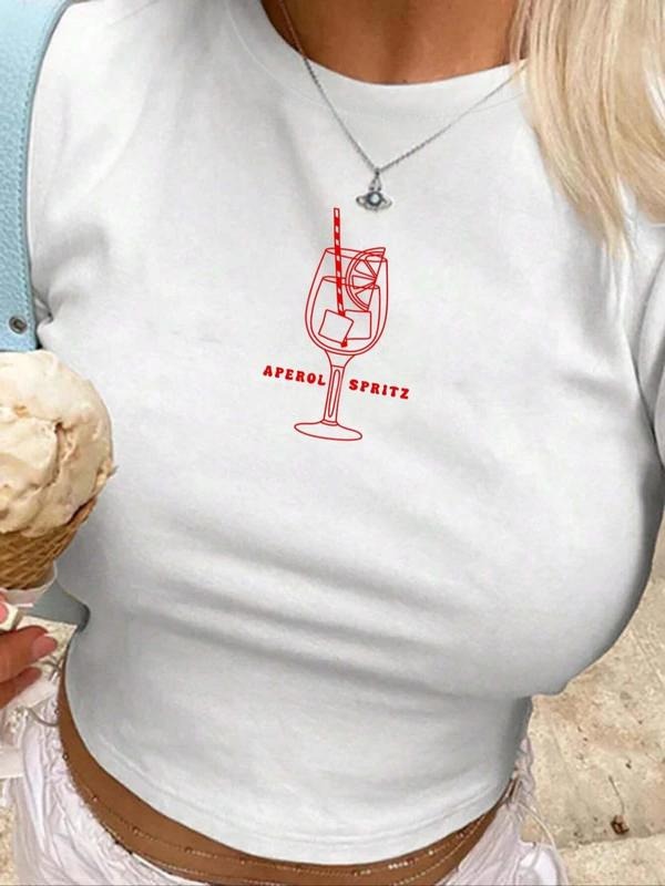 Women's Letter & Glass Print Round Neck Graphic Crop Tee, Fashion Casual Crew Neck Short Sleeve T-shirt for Daily Holiday...