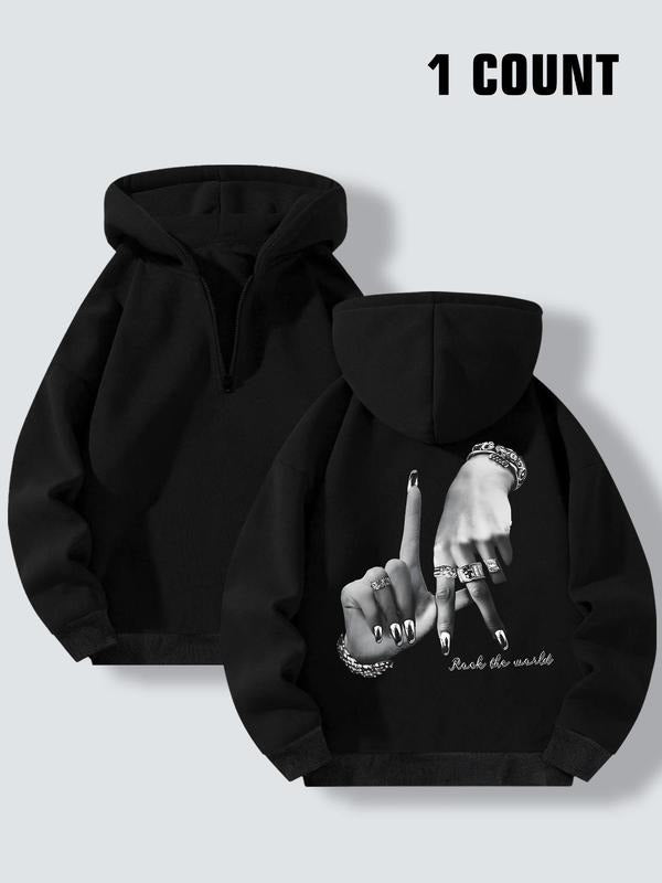 Women's Letter & Hand Print Half Zip Hoodie, Fashion Casual Long Sleeve Hooded Sweatshirt for Daily Holiday Outdoor Wear,...