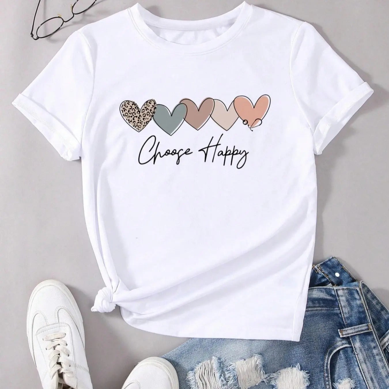 Women's Letter & Heart Graphic Print Round Neck Tee, Trendy Casual Short Sleeve T-shirt for Daily Wear, Ladies Summer...