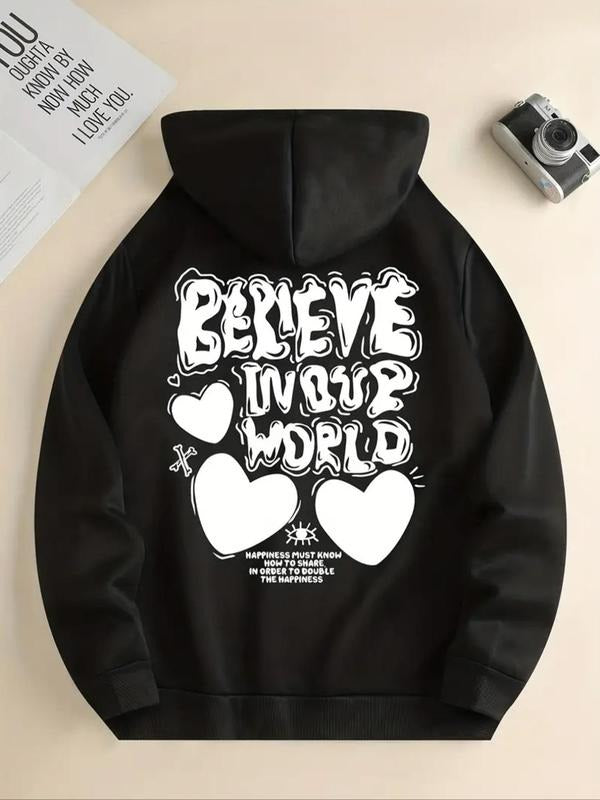 Women's Letter & Heart Print Drawstring Pocket Hoodie, Fashion Casual Hooded Sweatshirt for Daily Holiday Outdoor Wear,...