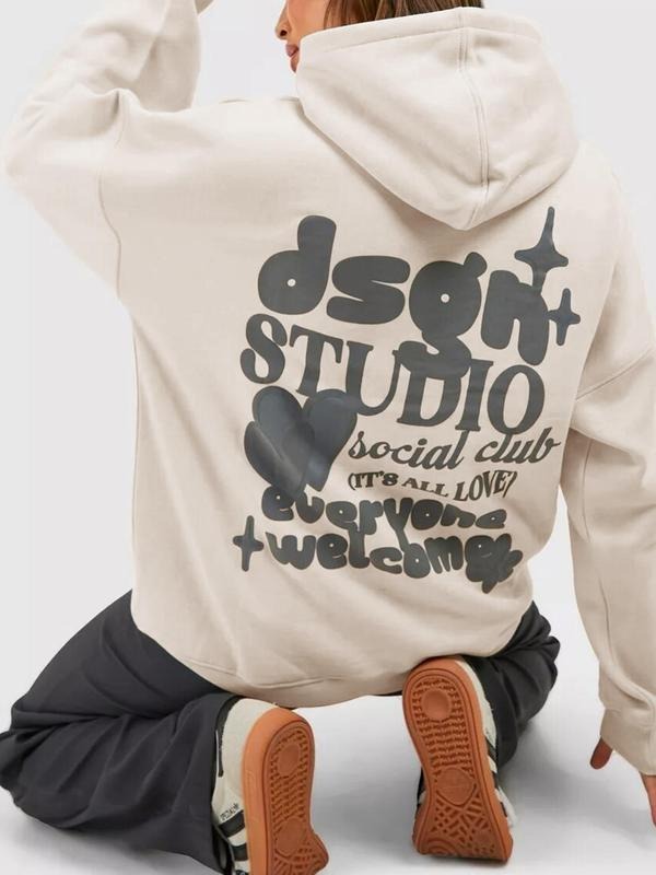 Women's Letter & Heart Print Drop Shoulder Hoodie, Fashion Casual Drawstring Pocket Hooded Sweatshirt for Daily Holiday...