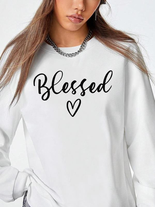 Women's Letter & Heart Print Drop Shoulder Sweatshirt, Casual Long Sleeve Round Neck Pullover for Fall & Winter, Women's...