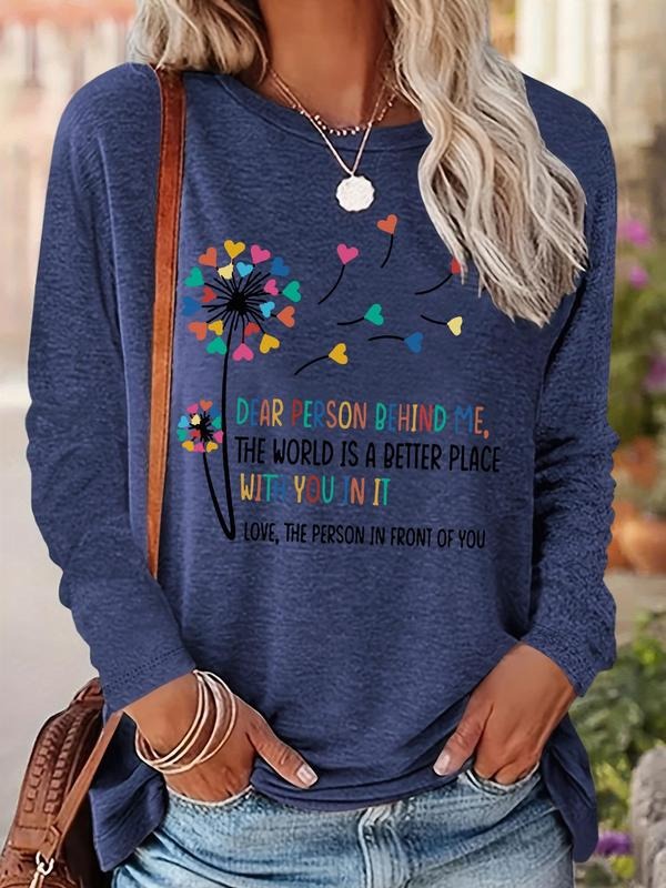 Women's Letter & Heart Print Round Neck Tee, Casual Long Sleeve Crew Neck T-shirt for Fall & Winter, Women's Top for...