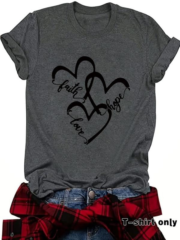 Women's Letter & Heart Print Round Neck Tee, Casual Short Sleeve Crew Neck T-shirt for Summer, Fashion Women's Top for...