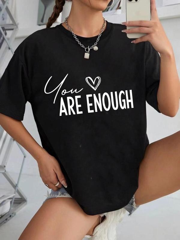 Women's Letter & Heart Print Round Neck Tee, Fashion Trendy Casual Drop Shoulder Short Sleeve T-Shirt for Daily Wear,...