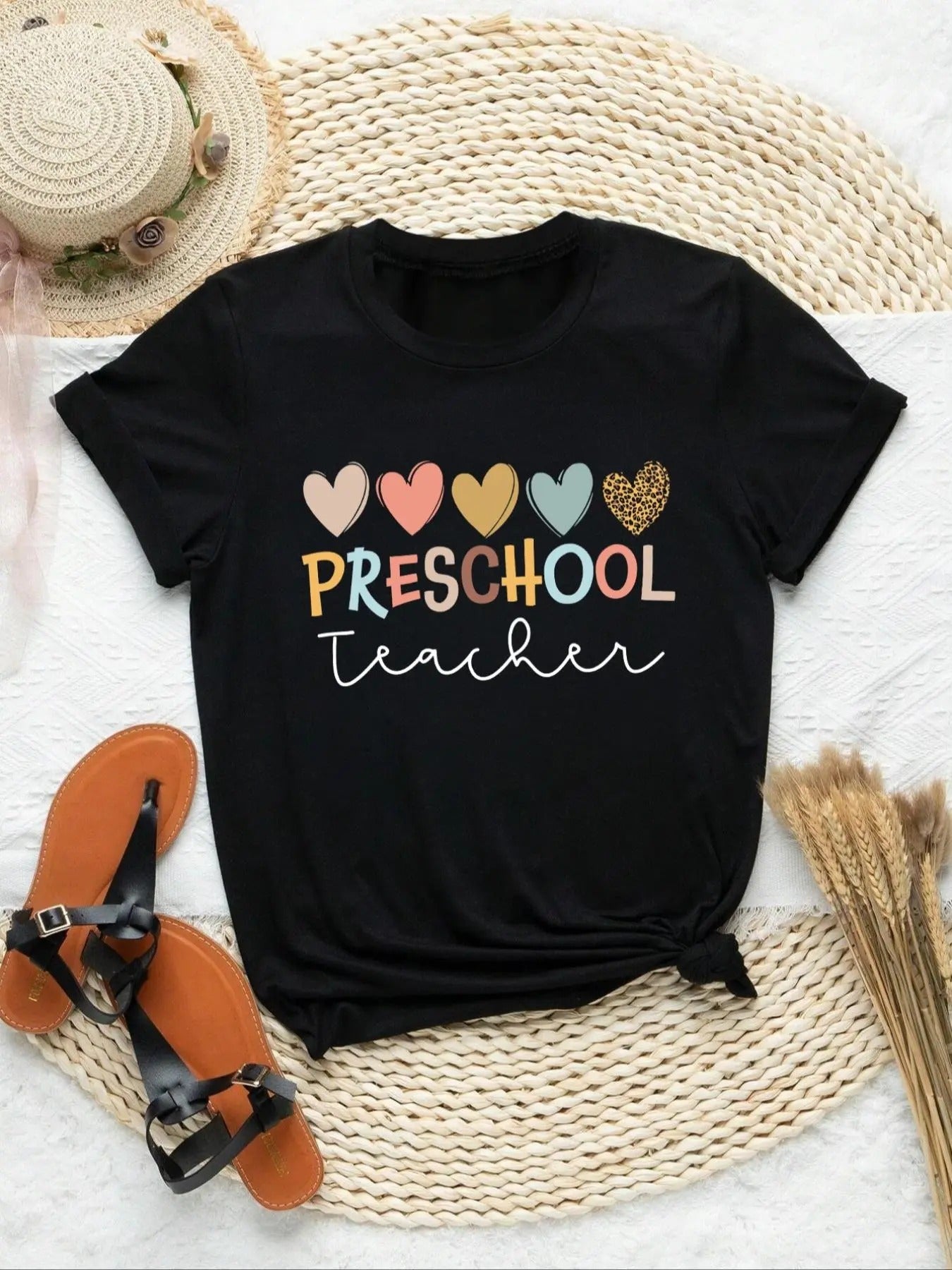 Women's Letter & Heart Print Round Neck Tee, Trendy Crew Neck Short Sleeve T-Shirt for Daily Holiday Vacation Outdoor...