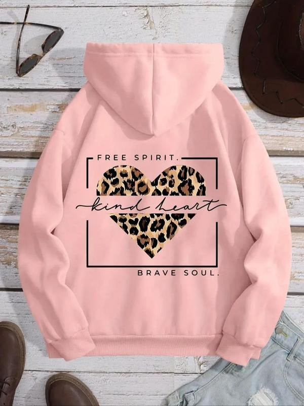 Women's Letter & Heart Print Thermal Lined Hoodie, Fashion Casual Leopard Print Long Sleeve Hooded Sweatshirt for Daily...