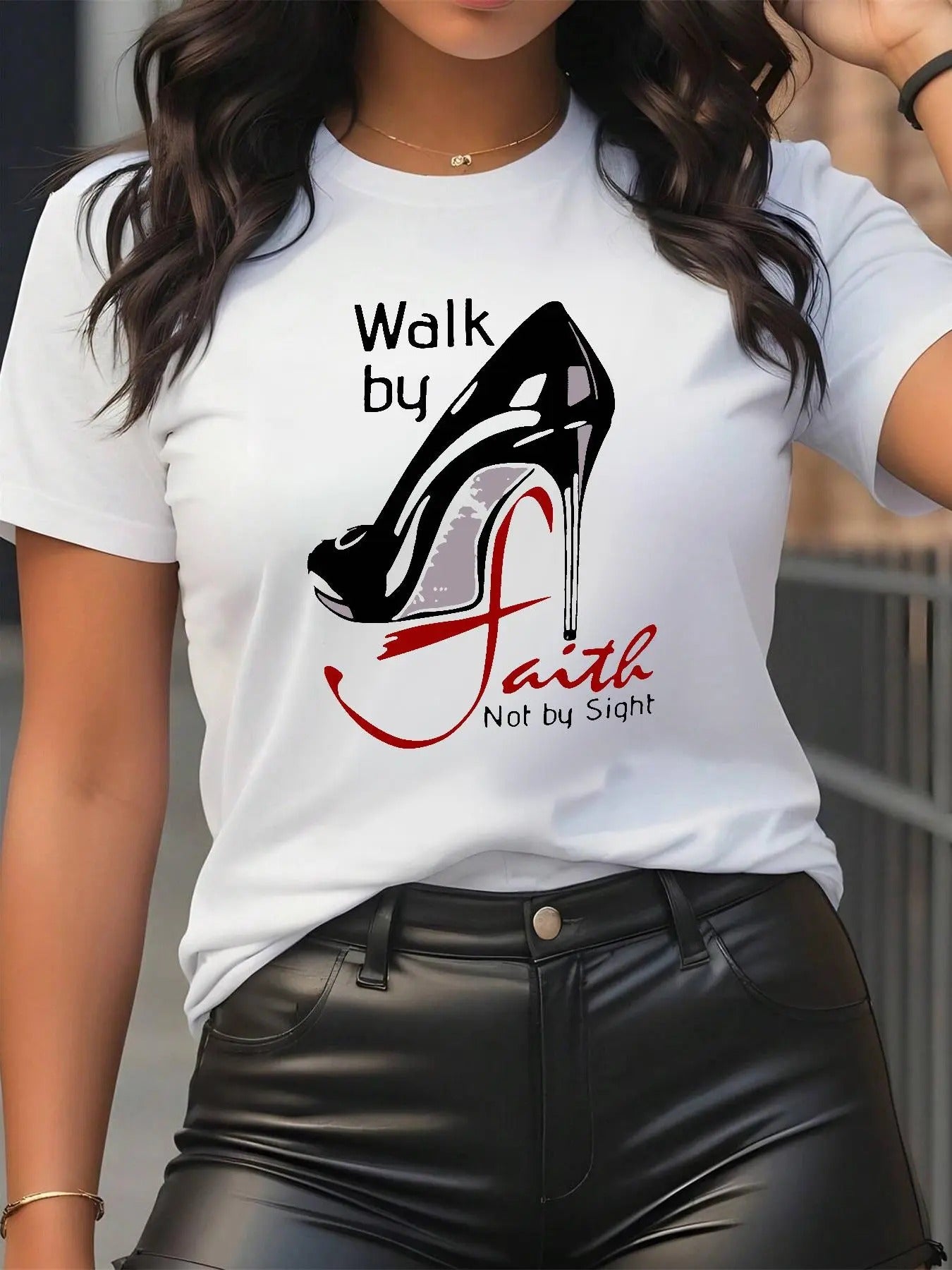 Women's Letter & High Heel Round Neck Graphic Tee, Fashion Casual Short Sleeve T-Shirt for Daily Wear, Ladies Summer...