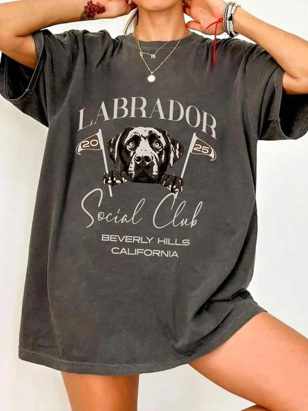 Women's Letter & Labrador Print Round Neck Tee, Vintage Trendy Casual Short Sleeve T-shirt for Daily Wear, Ladies Summer...