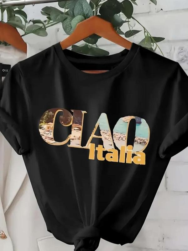 Women's Letter & Landscape Print Round Neck Tee, Casual Short Sleeve T-Shirt for Summer, Ladies Clothes for Daily Wear...