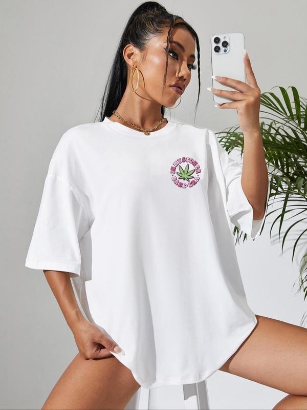 Women's Letter & Leaf Print Drop Shoulder Tee, Casual Half Sleeve Round Neck T-Shirt for Daily Wear, Ladies Clothes for...