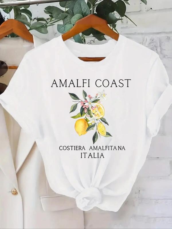 Women's Letter & Lemon Graphic Round Neck Tee, Casual Short Sleeve Crew Neck T-shirt, Ladies Clothes for Daily Wear...
