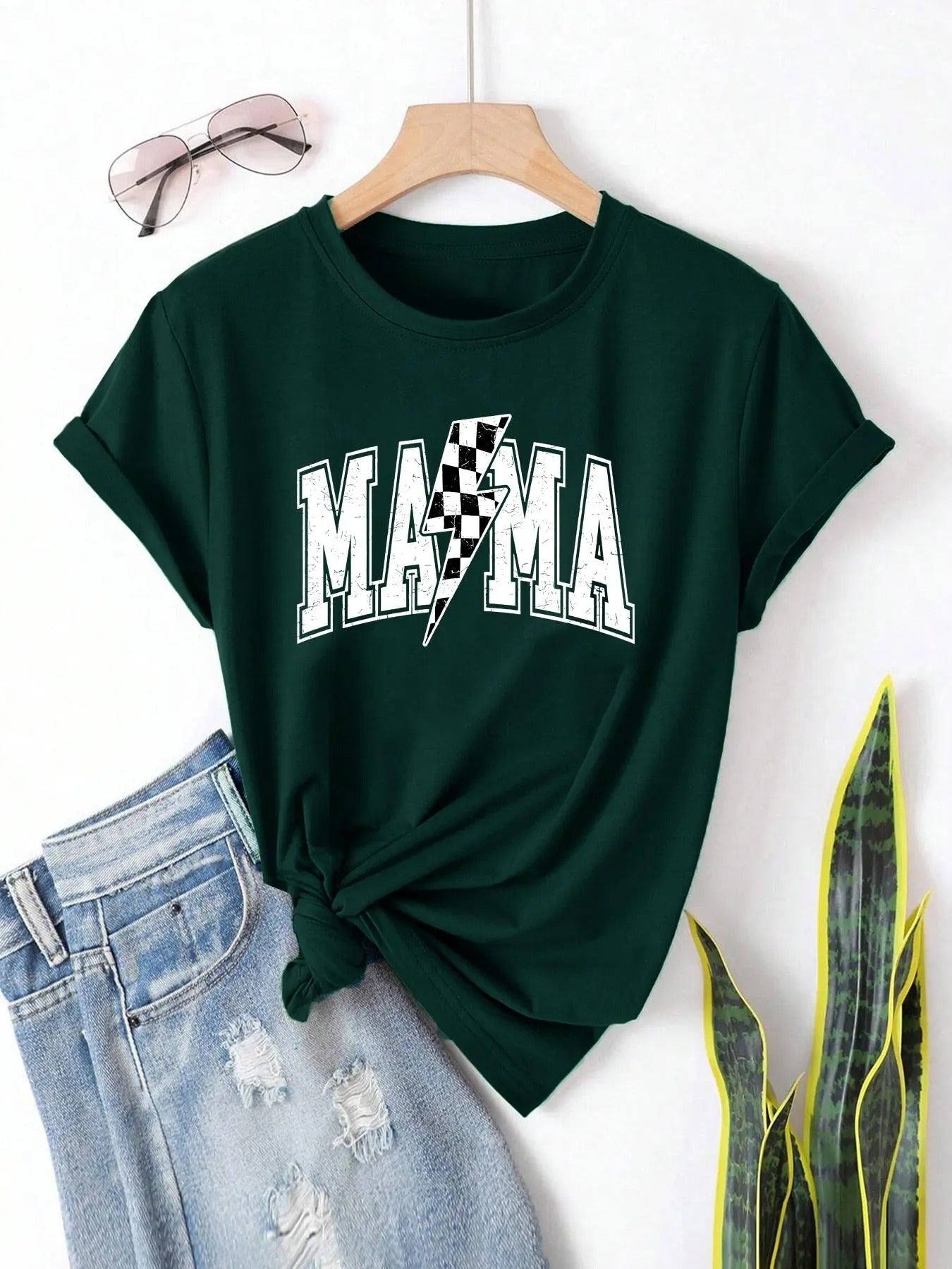 Women's Letter & Lightning Print Round Neck Tee, Casual Short Sleeve Crew Neck T-shirt for Daily Wear, Ladies Tops for...