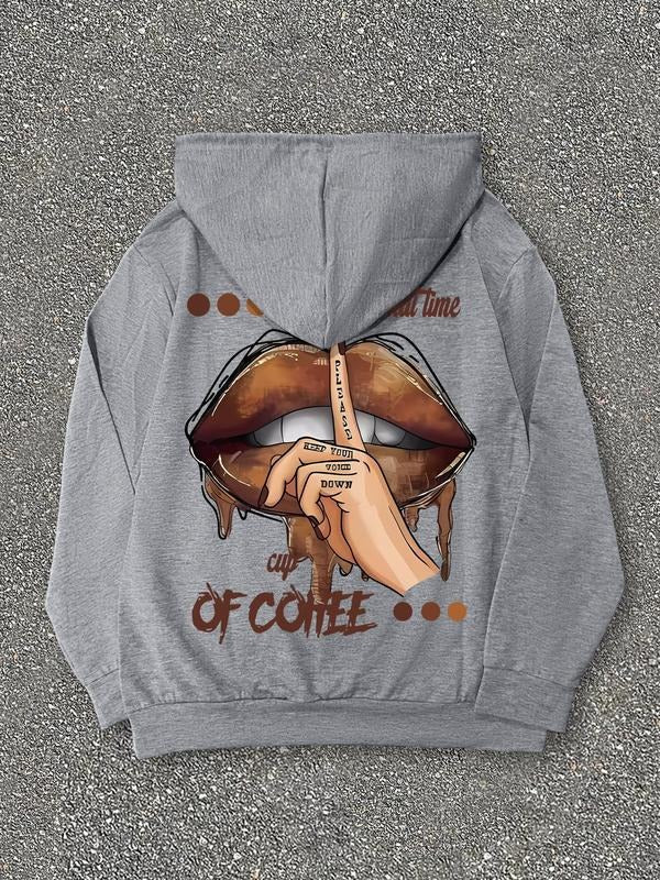 Women's Letter & Lip Print Drawstring Pocket Hoodie, Casual Long Sleeve Hooded Sweatshirt for Fall & Winter, Women's...