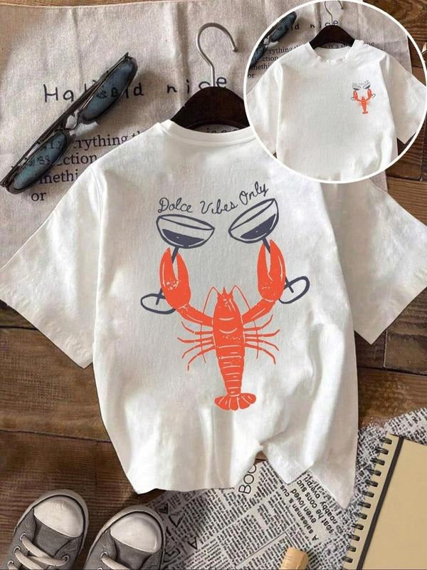 Women's Letter & Lobster Print Round Neck Tee, Casual Short Sleeve Crew Neck T-shirt for Summer, Fashion Women's Top for...