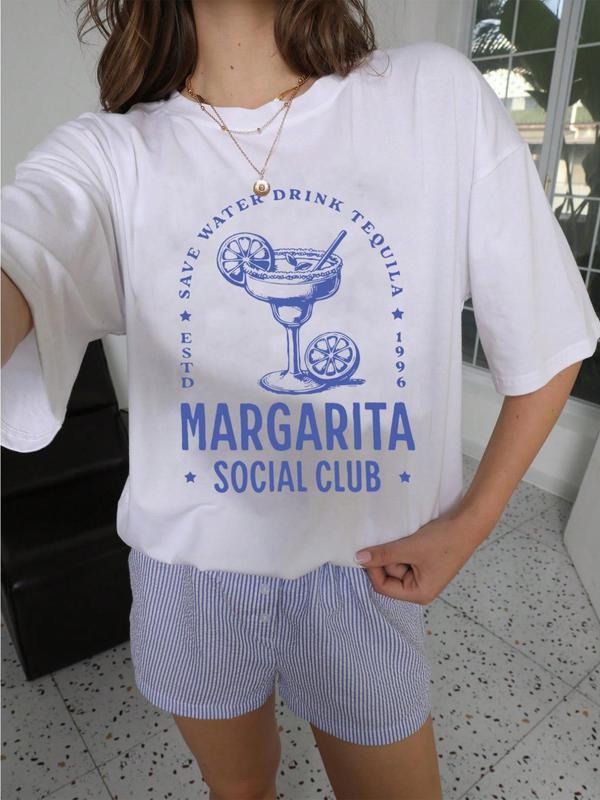 Women's Letter & Margarita Print Round Neck Tee, Casual Short Sleeve Crew Neck T-shirt for Summer, Fashion Women's Top...