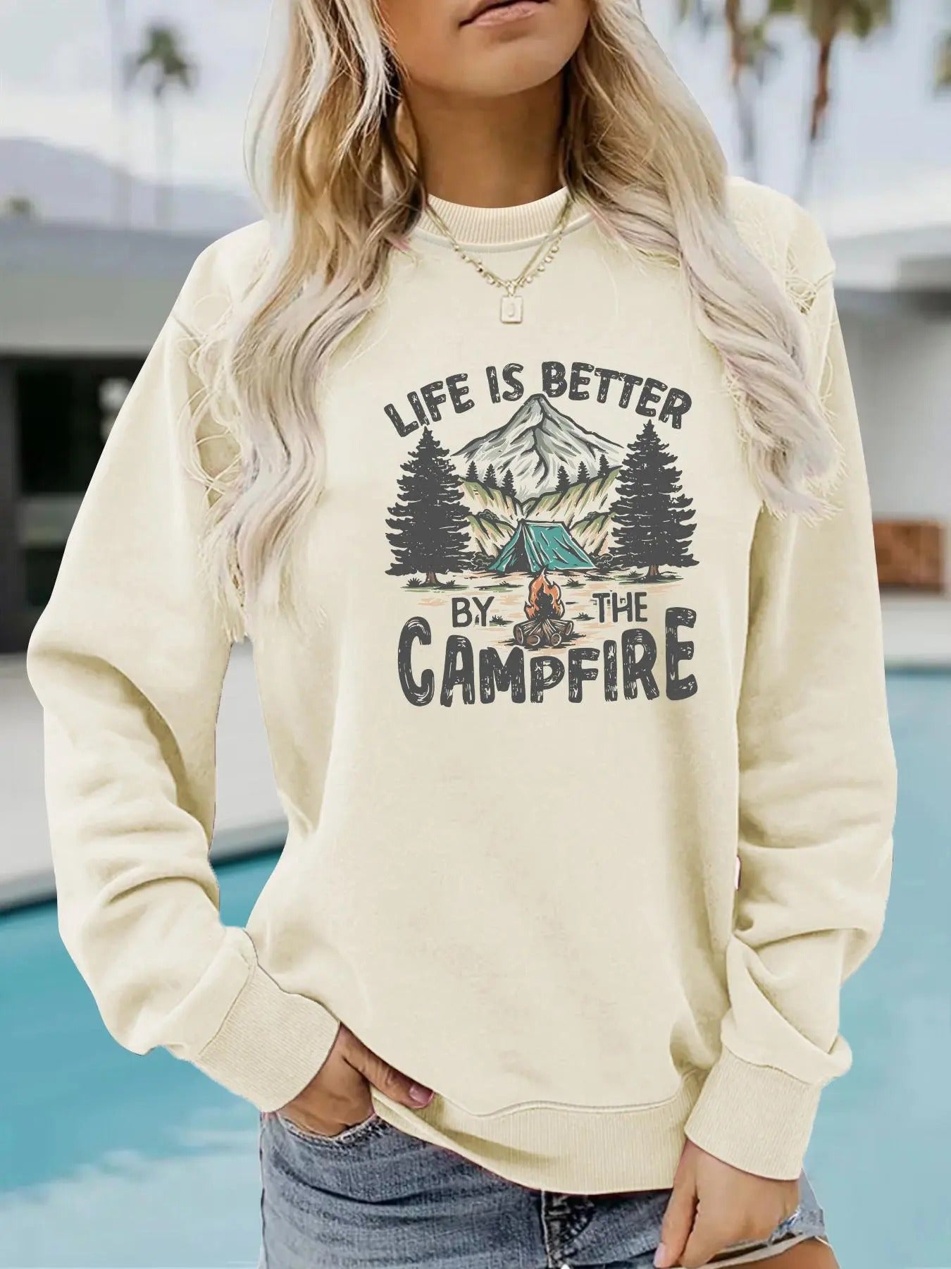 Women's Letter & Mountain Print Round Neck Sweatshirt, Casual Long Sleeve Crew Neck Pullover for Fall, Fashion Women's...