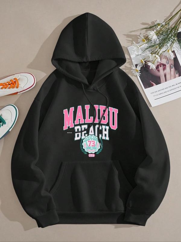 Women's Letter & Number Print Drawstring Pocket Hoodie, Casual Drop Shoulder Long Sleeve Hooded Sweatshirt, Ladies Fall &...