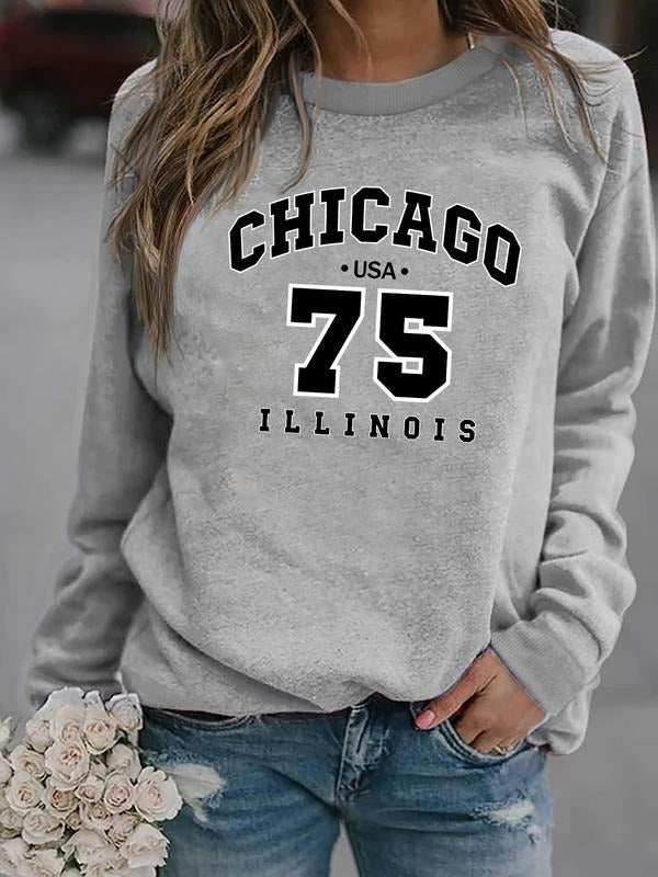 Women's Letter & Number Print Drop Shoulder Sweatshirt, Casual Long Sleeve Round Neck Pullover for Fall & Winter, Women's...