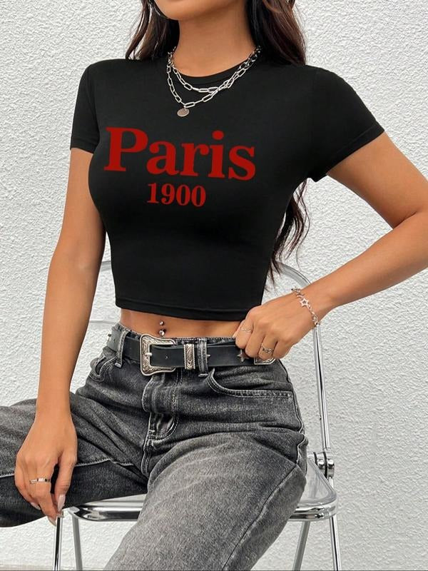 Women's Letter & Number Print Round Neck Crop Tee, Vintage Trendy Casual Short Sleeve T-shirt for Daily Wear, Ladies...