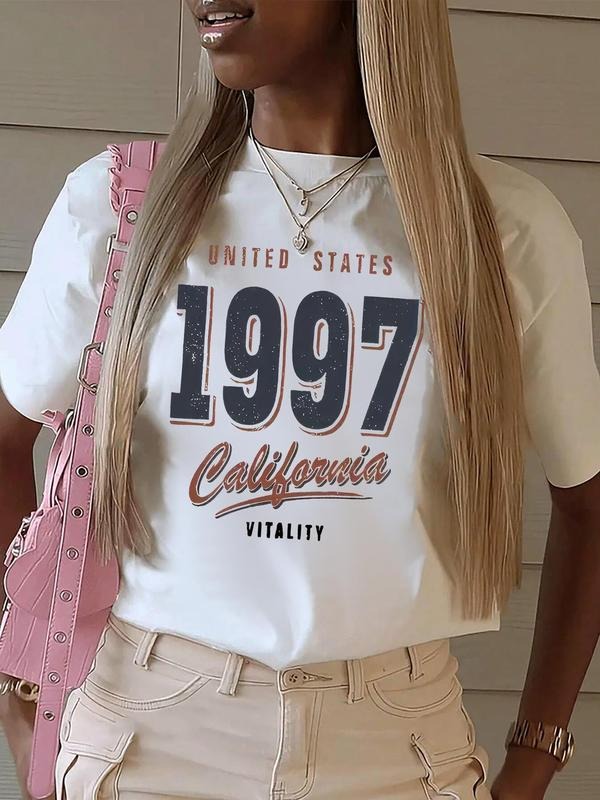 Women's Letter & Number Print Round Neck Tee, Vintage Trendy Casual Short Sleeve T-shirt for Daily Wear, Ladies Summer...