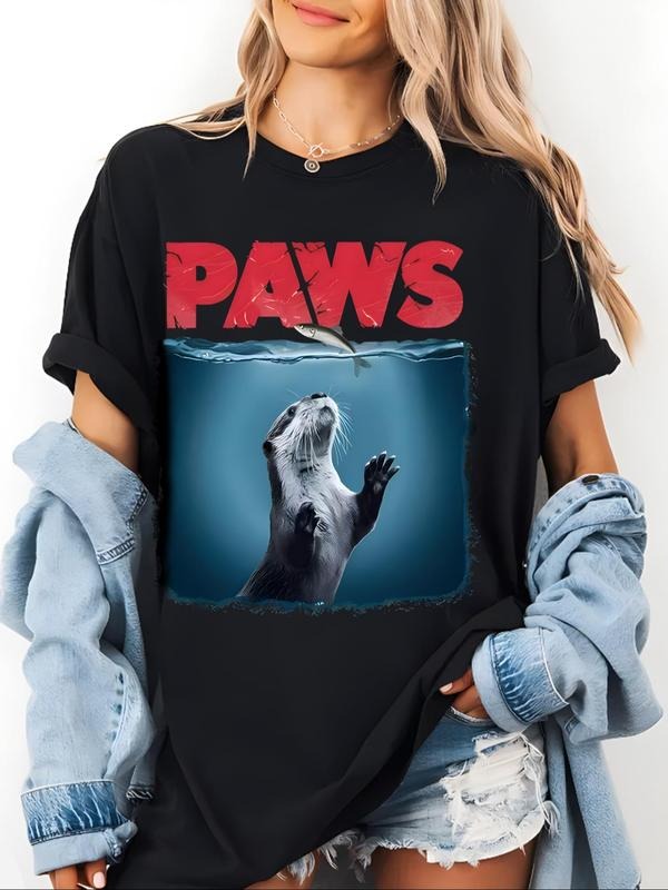 Women's Letter & Otter Round Neck Graphic Tee, Casual Short Sleeve T-shirt for Daily Wear, Ladies All Seasons Tops...