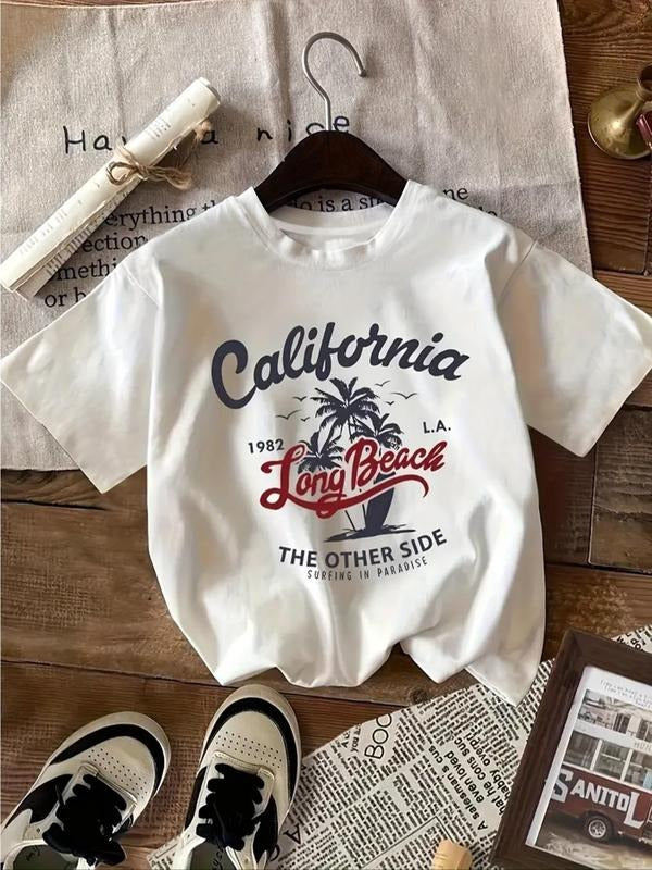 Women's Letter & Palm Tree Print Round Neck Tee, Casual Short Sleeve Crew Neck T-Shirt for Summer, Fashion Women's Top...