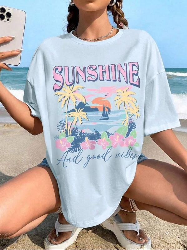 Women's Letter & Palm Tree Print Round Neck Tee, Vintage Trendy Casual Short Sleeve T-shirt for Daily Wear, Ladies Summer...
