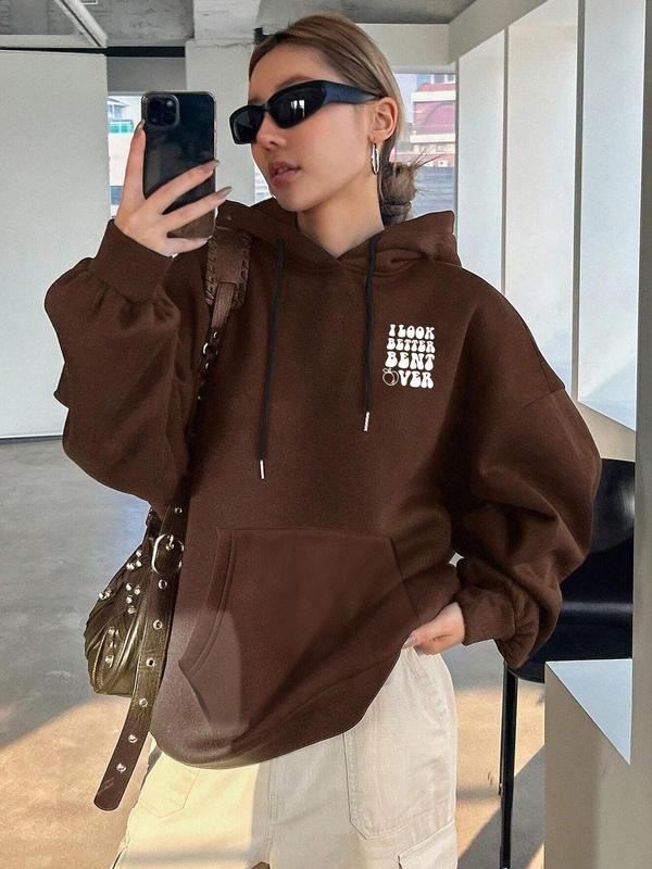 Women's Letter & Peach Print Drop Shoulder Hoodie, Fashion Casual Drawstring Pocket Hooded Sweatshirt for Daily Holiday...