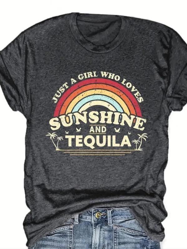 Women's Letter & Rainbow Print Round Neck Tee, Casual Short Sleeve Crew Neck T-shirt for Summer, Fashion Women's Top for...