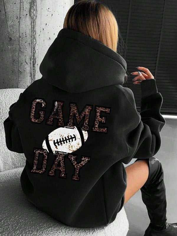Women's Letter & Rugby Print Drop Shoulder Hoodie, Fashion Casual Drawstring Pocket Hooded Sweatshirt for Daily Holiday...