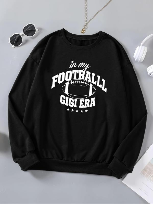 Women's Letter & Rugby Print Drop Shoulder Sweatshirt, Casual Long Sleeve Round Neck Pullover for Fall & Winter, Women's...