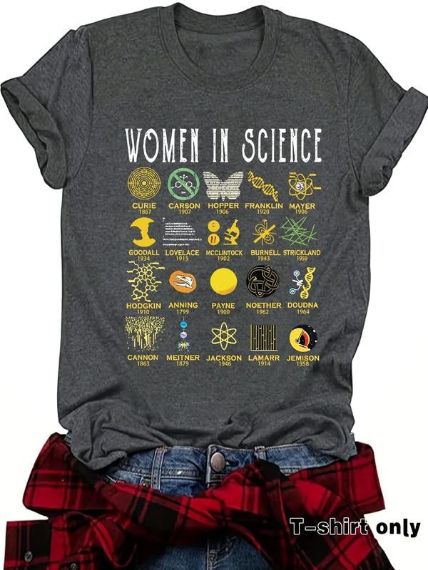 Women's Letter & Science Print Round Neck Tee, Casual Short Sleeve Crew Neck T-shirt for Summer, Fashion Women's Top for...