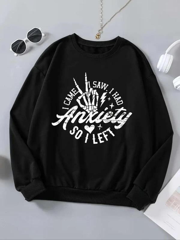 Women's Letter & Skull Hand Print Drop Shoulder Thermal Lined Sweatshirt, Casual Long Sleeve Round Neck Pullover for Fall...