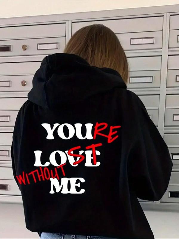 Women's Letter & Slogan Print Drop Shoulder Hoodie, Fashion Casual Drawstring Pocket Hooded Sweatshirt for Daily Holiday...