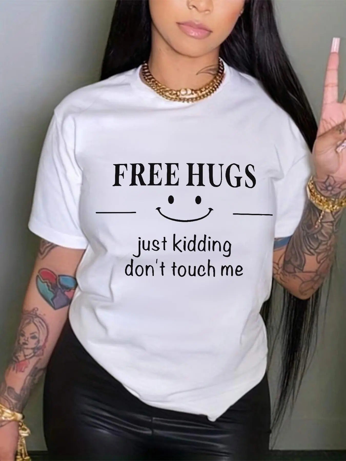 Women's Letter & Smile Face Print Round Neck Tee, Trendy Casual Short Sleeve T-Shirt for Daily Wear, Ladies Summer Outfit...