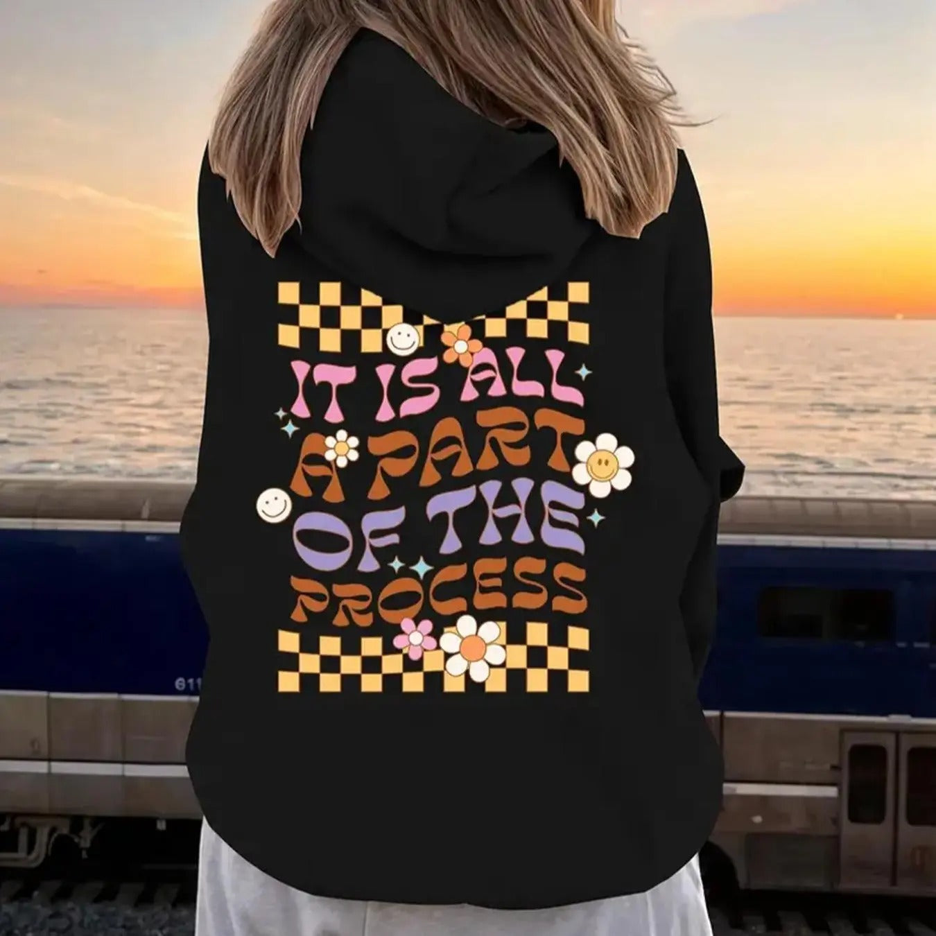 Women's Letter & Star & Floral Print Drawstring Hoodie, Casual Long Sleeve Hooded Sweatshirt for Fall & Winter, Women's...