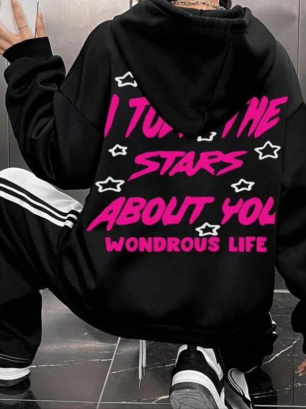 Women's Letter & Star Print Drop Shoulder Hoodie, Fashion Casual Drawstring Pocket Hooded Sweatshirt for Daily Holiday...