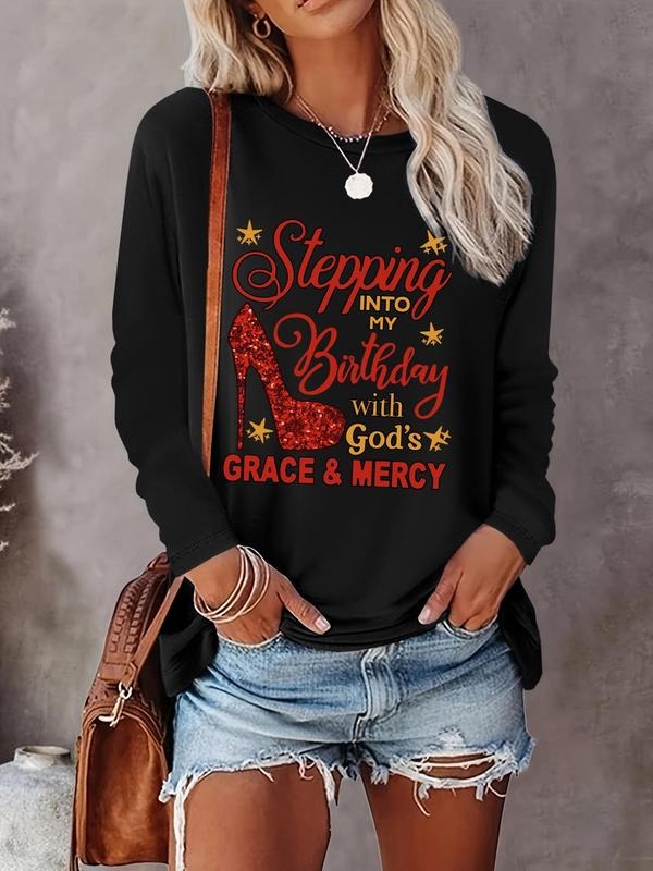 Women's Letter & Star Print Round Neck Tee, Casual Long Sleeve Crew Neck T-shirt for Fall & Winter, Women's Top for Daily...