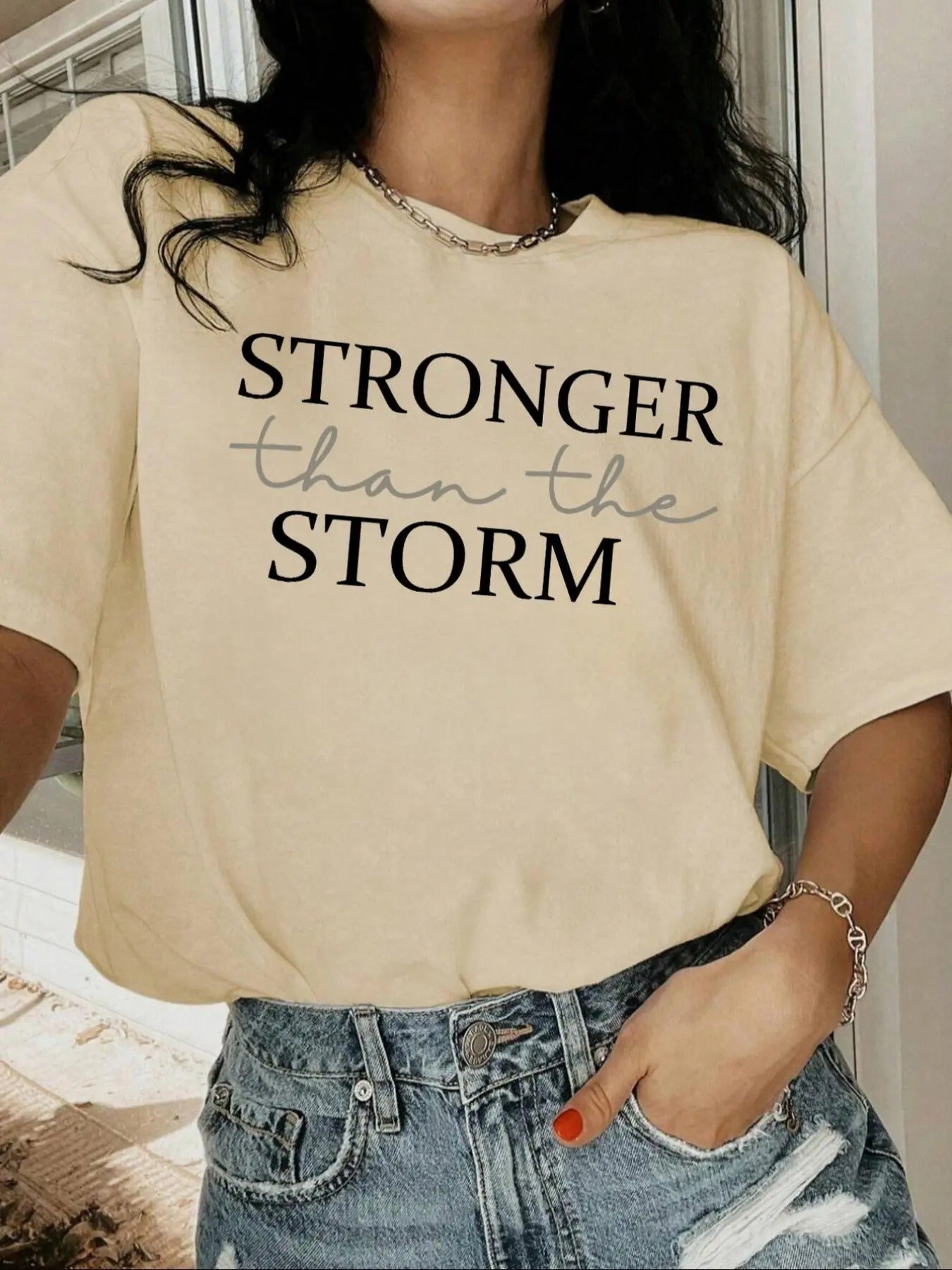 Women's Letter & Storm Print Round Neck Tee, Vintage Trendy Casual Short Sleeve T-shirt for Daily Wear, Ladies Summer...
