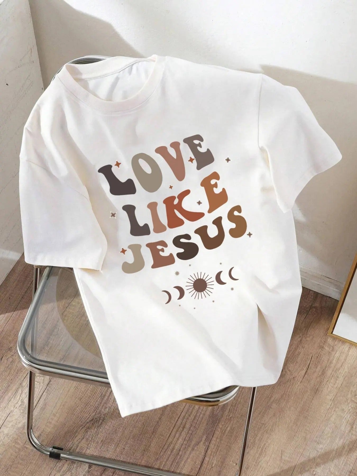 Women's Letter & Sun Print Round Neck Graphic Tee, Trendy Casual Drop Shoulder Short Sleeve T-shirt for Daily Wear,...