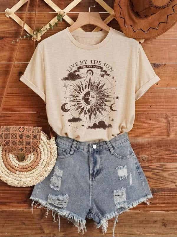 Women's Letter & Sun Print Round Neck Tee, Vintage Trendy Casual Short Sleeve T-shirt for Daily Wear, Ladies Summer...