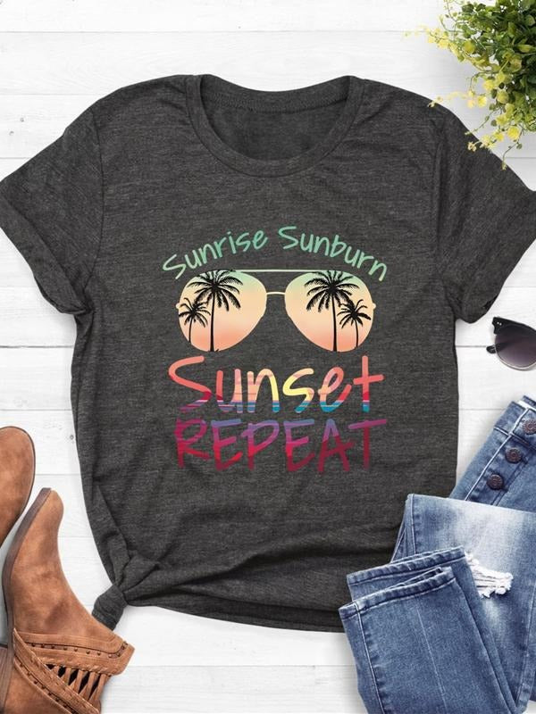 Women's Letter & Sunglasses Print Round Neck Tee, Casual Short Sleeve Graphic T-Shirt for Summer, Ladies Clothes for...