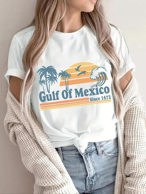 Women's Letter & Sunset Print Round Neck Tee, Casual Short Sleeve Crew Neck T-shirt for Summer, Fashion Women's Top for...