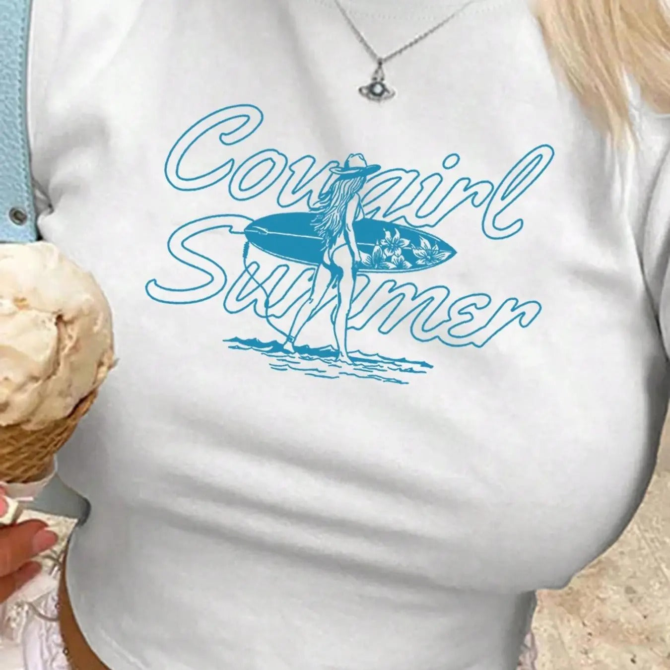 Women's Letter & Surfer Print Round Neck Crop Tee, Casual Short Sleeve Crew Neck T-shirt for Summer, Fashion Women's Top...