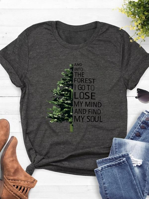 Women's Letter & Tree Print Round Neck Graphic Tee, Vintage Trendy Casual Short Sleeve T-shirt For Daily Wear, Ladies...