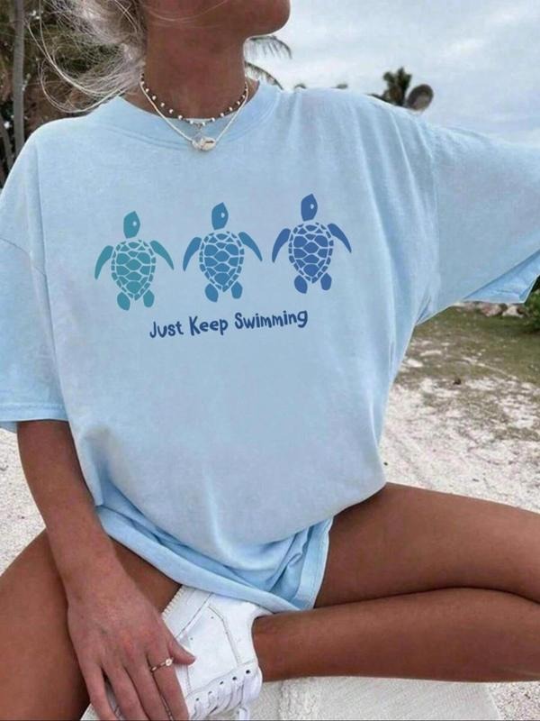 Women's Letter & Turtle Print Round Neck Tee, Vintage Trendy Casual Short Sleeve T-shirt for Daily Wear, Ladies Summer...