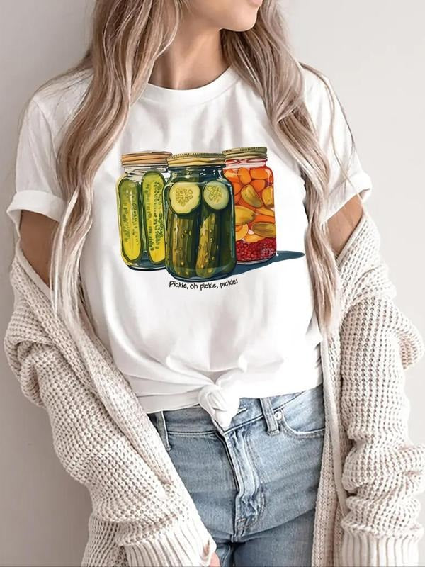 Women's Letter & Vegetable Print Round Neck Tee, Casual Short Sleeve T-Shirt, Ladies Summer Clothes for Daily Wear...