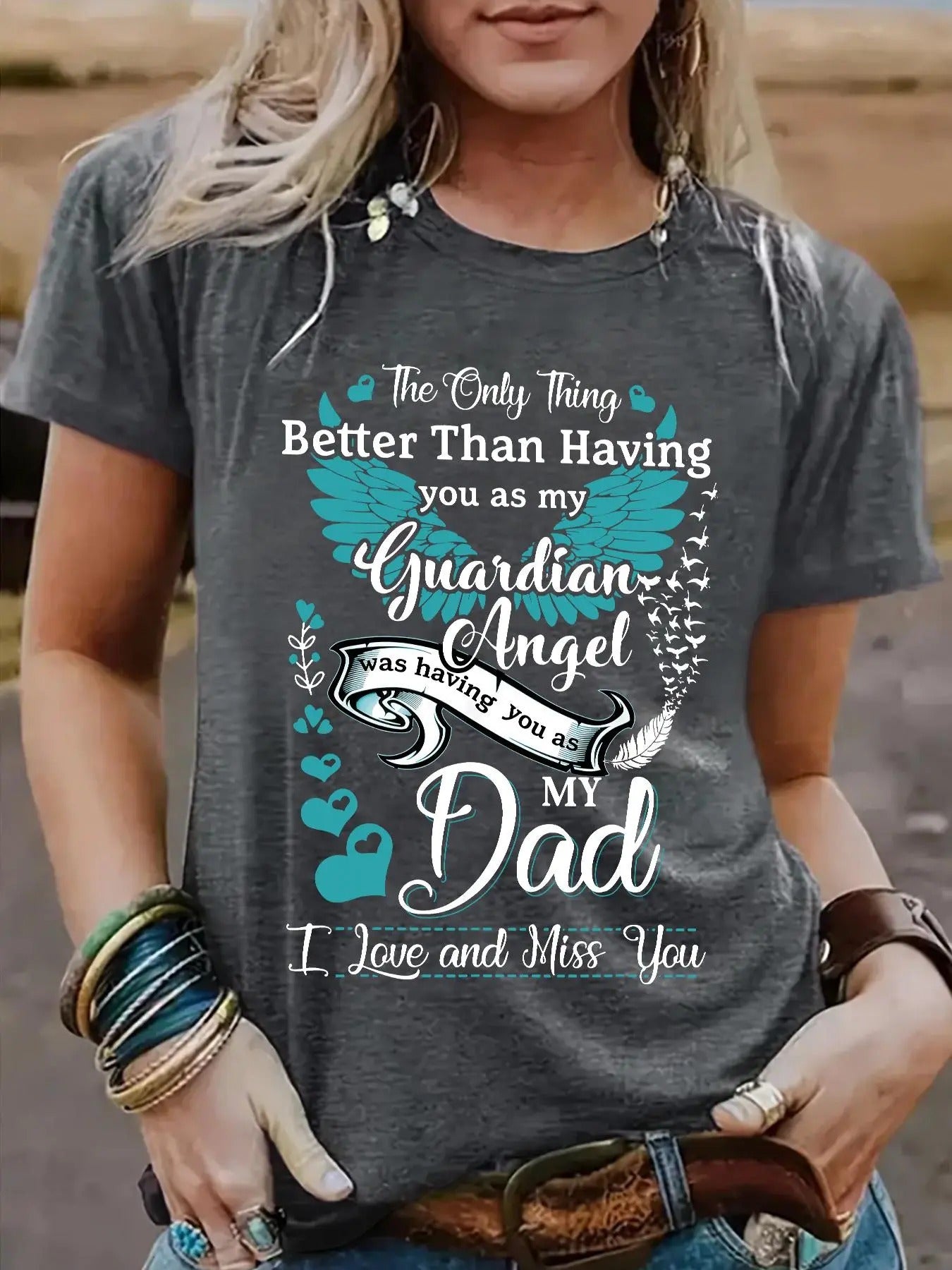 Women's Letter & Wing Print Round Neck Tee, Casual Short Sleeve Crew Neck T-shirt for Summer, Fashion Women's Top for...